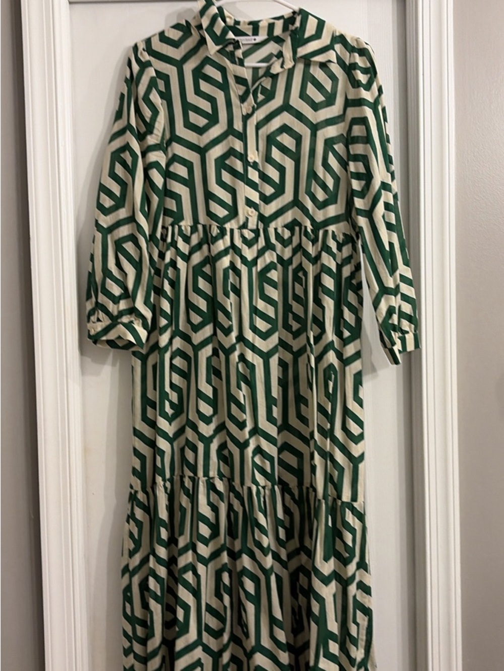 Zara Green and Cream Geometric Tiered Dress